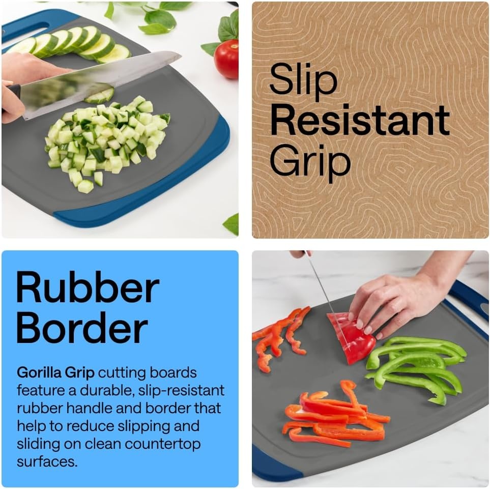 image:imageGORILLA GRIP BPAFree Reversible Kitchen Cutting Board Set of 3 US Designed Nonporous Juice Grooves Catch Liquid Slip Resistant Border Dishwasher Safe Durable Large Food Chopping Boards BlackGrayBlue