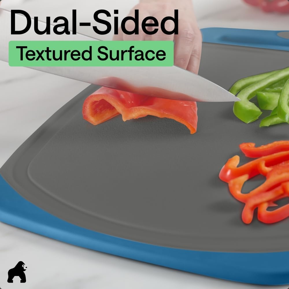 image:imageGORILLA GRIP BPAFree Reversible Kitchen Cutting Board Set of 3 US Designed Nonporous Juice Grooves Catch Liquid Slip Resistant Border Dishwasher Safe Durable Large Food Chopping Boards BlackGrayBlue