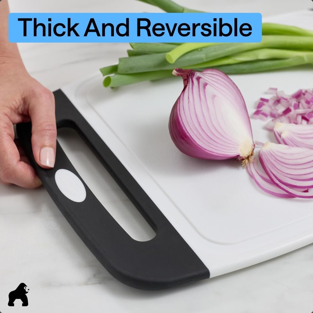image:imageGORILLA GRIP BPAFree Reversible Kitchen Cutting Board Set of 3 US Designed Nonporous Juice Grooves Catch Liquid Slip Resistant Border Dishwasher Safe Durable Large Food Chopping Boards BlackBlackWhite