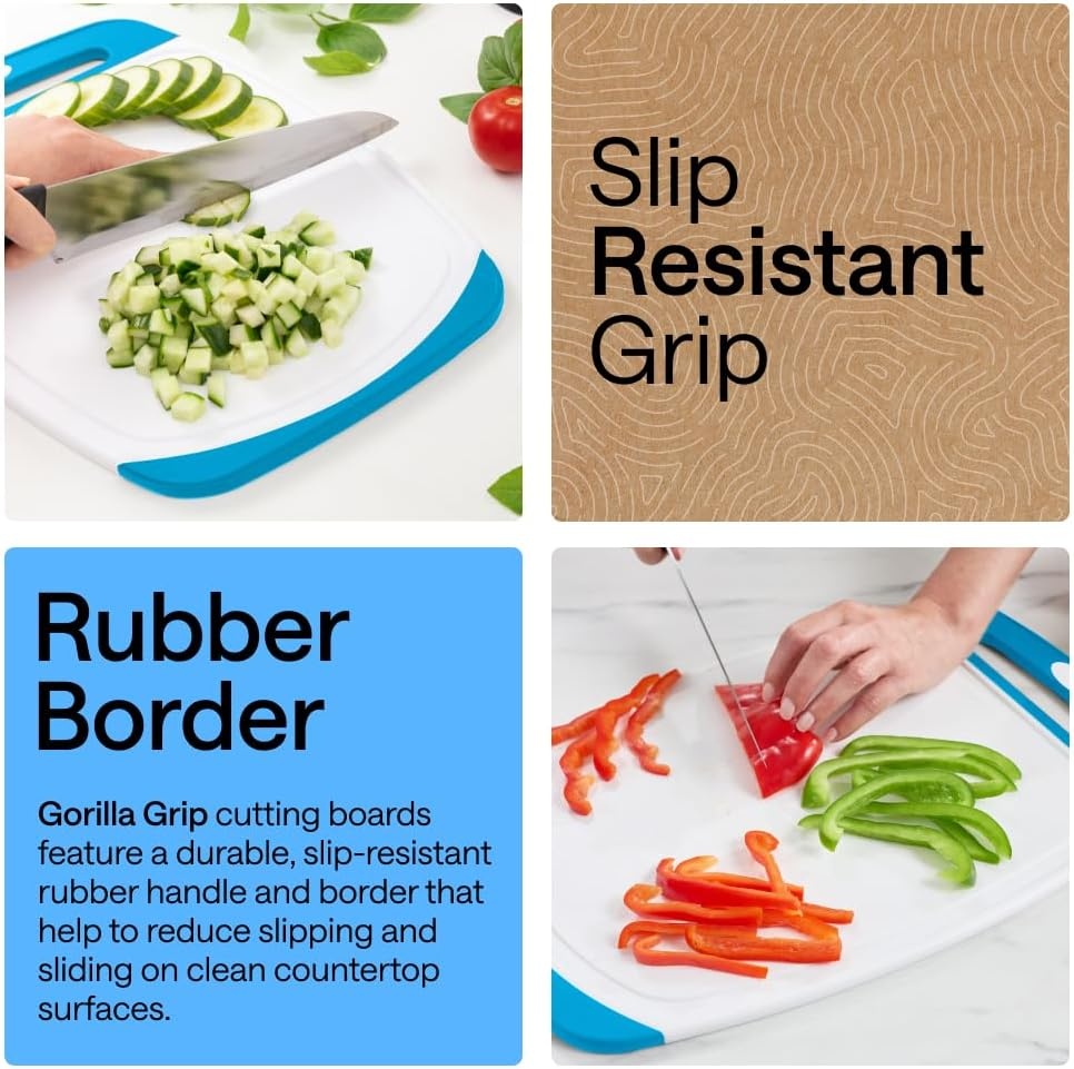 image:imageGORILLA GRIP BPAFree Reversible Kitchen Cutting Board Set of 3 US Designed Nonporous Juice Grooves Catch Liquid Slip Resistant Border Dishwasher Safe Durable Large Food Chopping Boards BlackAquaWhite