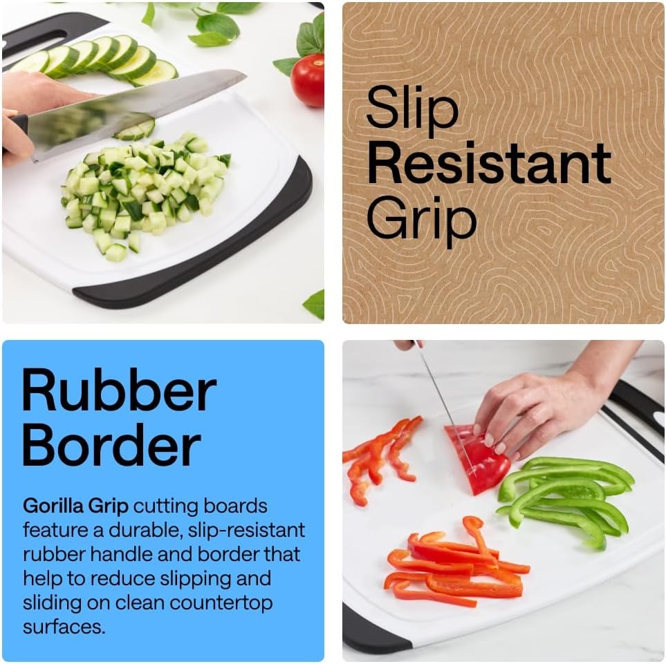 image:imageGORILLA GRIP BPAFree Reversible Kitchen Cutting Board Set of 3 US Designed Nonporous Juice Grooves Catch Liquid Slip Resistant Border Dishwasher Safe Durable Large Food Chopping Boards BlackBlackWhite