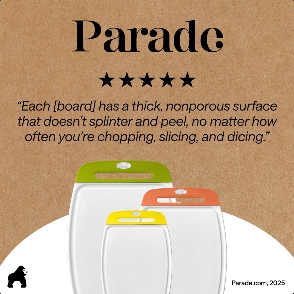 image:imageGORILLA GRIP BPAFree Reversible Kitchen Cutting Board Set of 3 US Designed Nonporous Juice Grooves Catch Liquid Slip Resistant Border Dishwasher Safe Durable Large Food Chopping Boards BlackLimeOrangeLemon