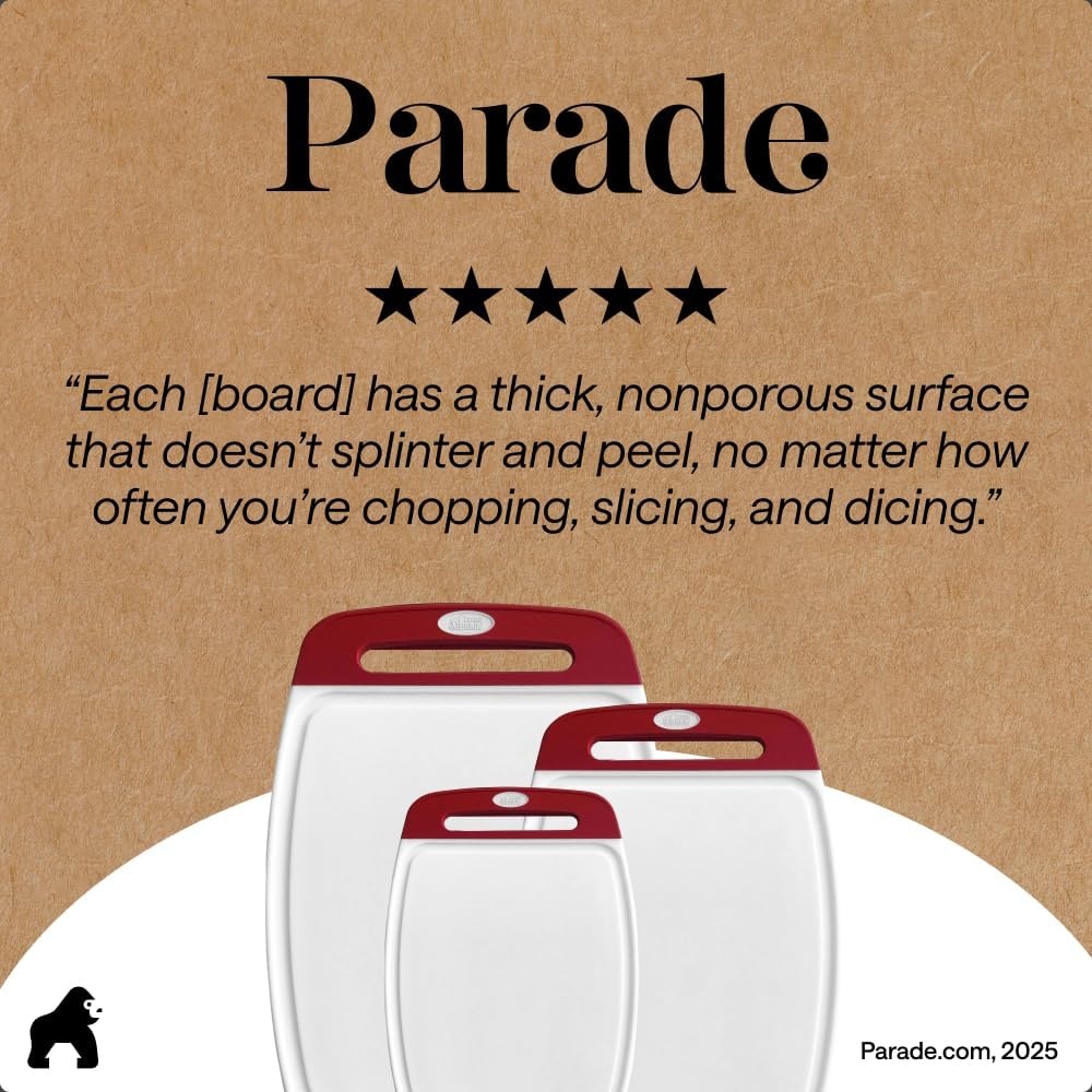 image:imageGORILLA GRIP BPAFree Reversible Kitchen Cutting Board Set of 3 US Designed Nonporous Juice Grooves Catch Liquid Slip Resistant Border Dishwasher Safe Durable Large Food Chopping Boards BlackRedWhite