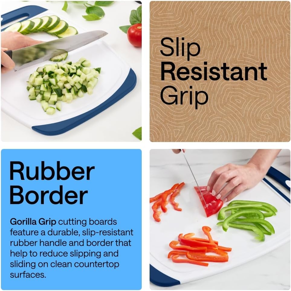 image:imageGORILLA GRIP BPAFree Reversible Kitchen Cutting Board Set of 3 US Designed Nonporous Juice Grooves Catch Liquid Slip Resistant Border Dishwasher Safe Durable Large Food Chopping Boards BlackRedBlueLime
