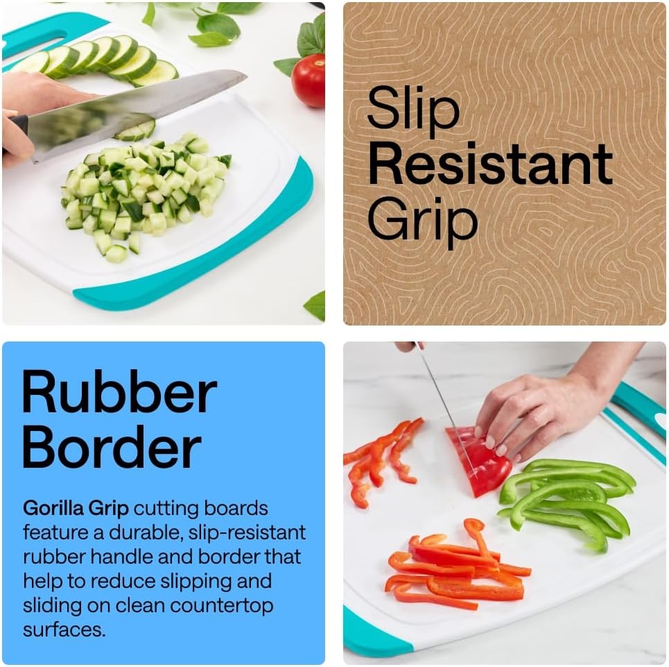 image:imageGORILLA GRIP BPAFree Reversible Kitchen Cutting Board Set of 3 US Designed Nonporous Juice Grooves Catch Liquid Slip Resistant Border Dishwasher Safe Durable Large Food Chopping Boards BlackTurquoiseWhite