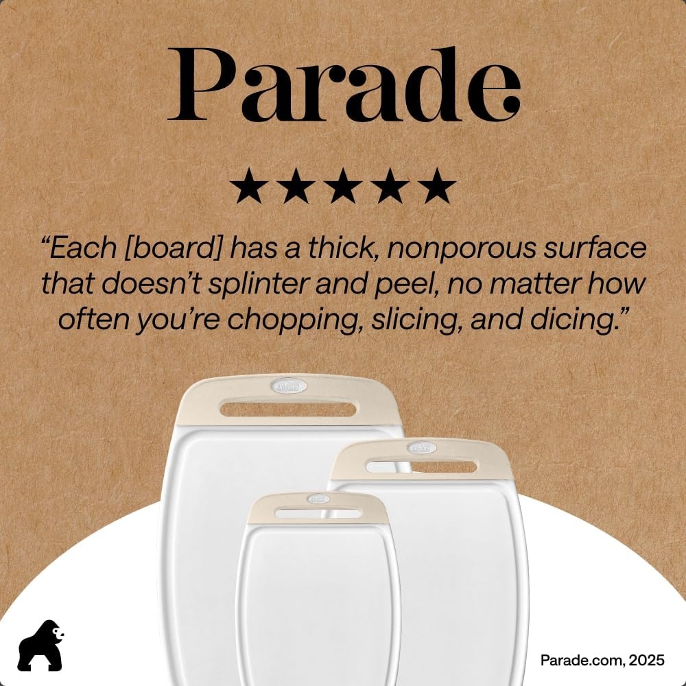 image:imageGORILLA GRIP BPAFree Reversible Kitchen Cutting Board Set of 3 US Designed Nonporous Juice Grooves Catch Liquid Slip Resistant Border Dishwasher Safe Durable Large Food Chopping Boards BlackAlmondWhite