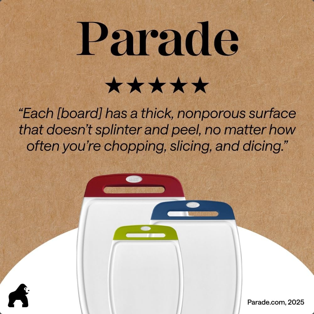 image:imageGORILLA GRIP BPAFree Reversible Kitchen Cutting Board Set of 3 US Designed Nonporous Juice Grooves Catch Liquid Slip Resistant Border Dishwasher Safe Durable Large Food Chopping Boards BlackRedBlueLime