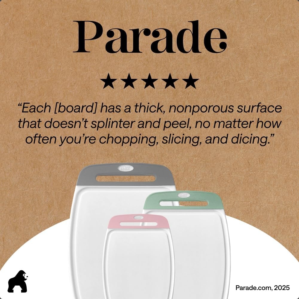 image:imageGORILLA GRIP BPAFree Reversible Kitchen Cutting Board Set of 3 US Designed Nonporous Juice Grooves Catch Liquid Slip Resistant Border Dishwasher Safe Durable Large Food Chopping Boards BlackGrayMintLight Pink