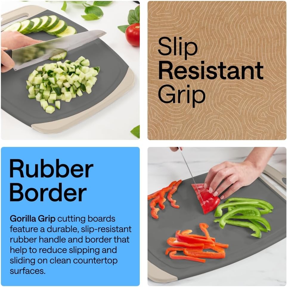 image:imageGORILLA GRIP BPAFree Reversible Kitchen Cutting Board Set of 3 US Designed Nonporous Juice Grooves Catch Liquid Slip Resistant Border Dishwasher Safe Durable Large Food Chopping Boards BlackGrayAlmond