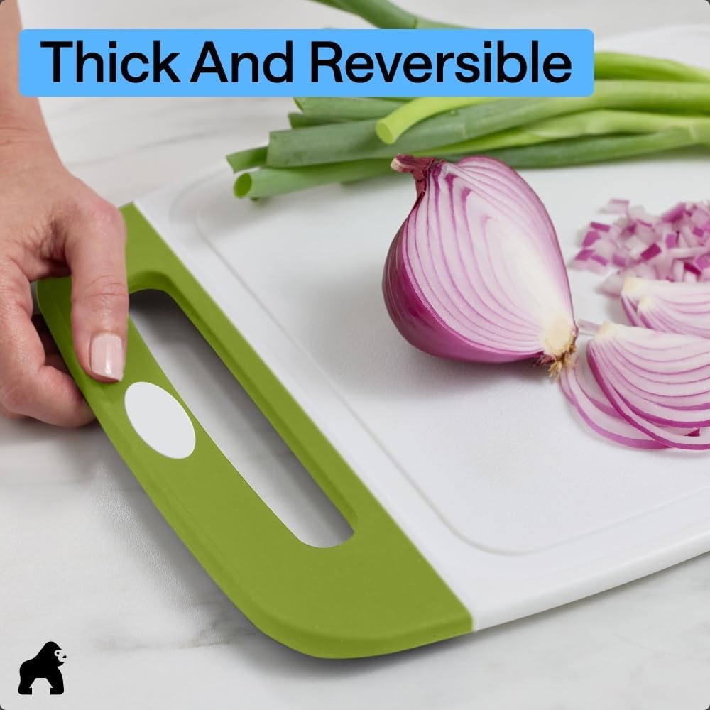 image:imageGORILLA GRIP BPAFree Reversible Kitchen Cutting Board Set of 3 US Designed Nonporous Juice Grooves Catch Liquid Slip Resistant Border Dishwasher Safe Durable Large Food Chopping Boards BlackLimeWhite