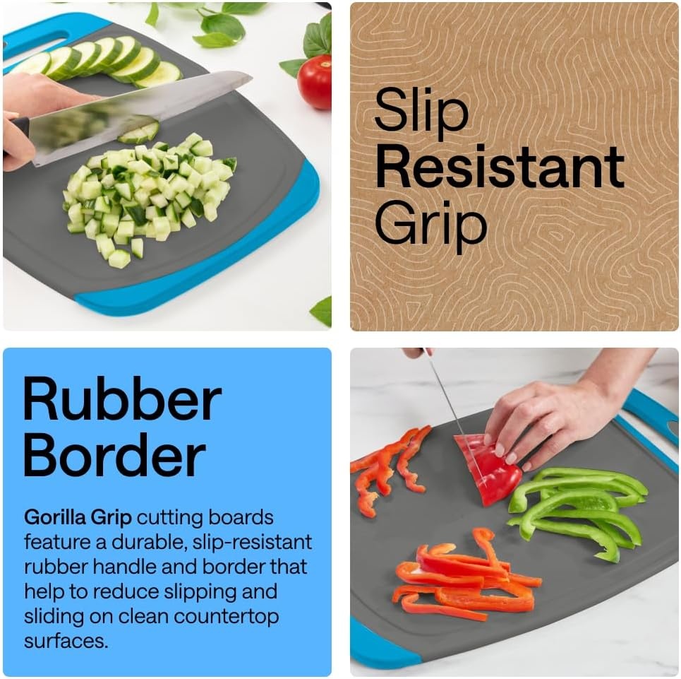 image:imageGORILLA GRIP BPAFree Reversible Kitchen Cutting Board Set of 3 US Designed Nonporous Juice Grooves Catch Liquid Slip Resistant Border Dishwasher Safe Durable Large Food Chopping Boards BlackGrayAqua