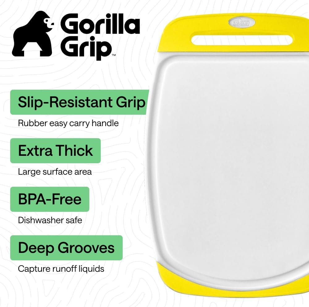 image:imageGORILLA GRIP BPAFree Reversible Kitchen Cutting Board Set of 3 US Designed Nonporous Juice Grooves Catch Liquid Slip Resistant Border Dishwasher Safe Durable Large Food Chopping Boards BlackLemonWhite