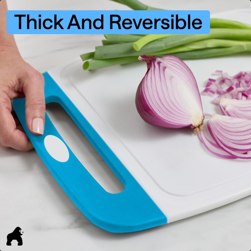 image:imageGORILLA GRIP BPAFree Reversible Kitchen Cutting Board Set of 3 US Designed Nonporous Juice Grooves Catch Liquid Slip Resistant Border Dishwasher Safe Durable Large Food Chopping Boards BlackAquaWhite