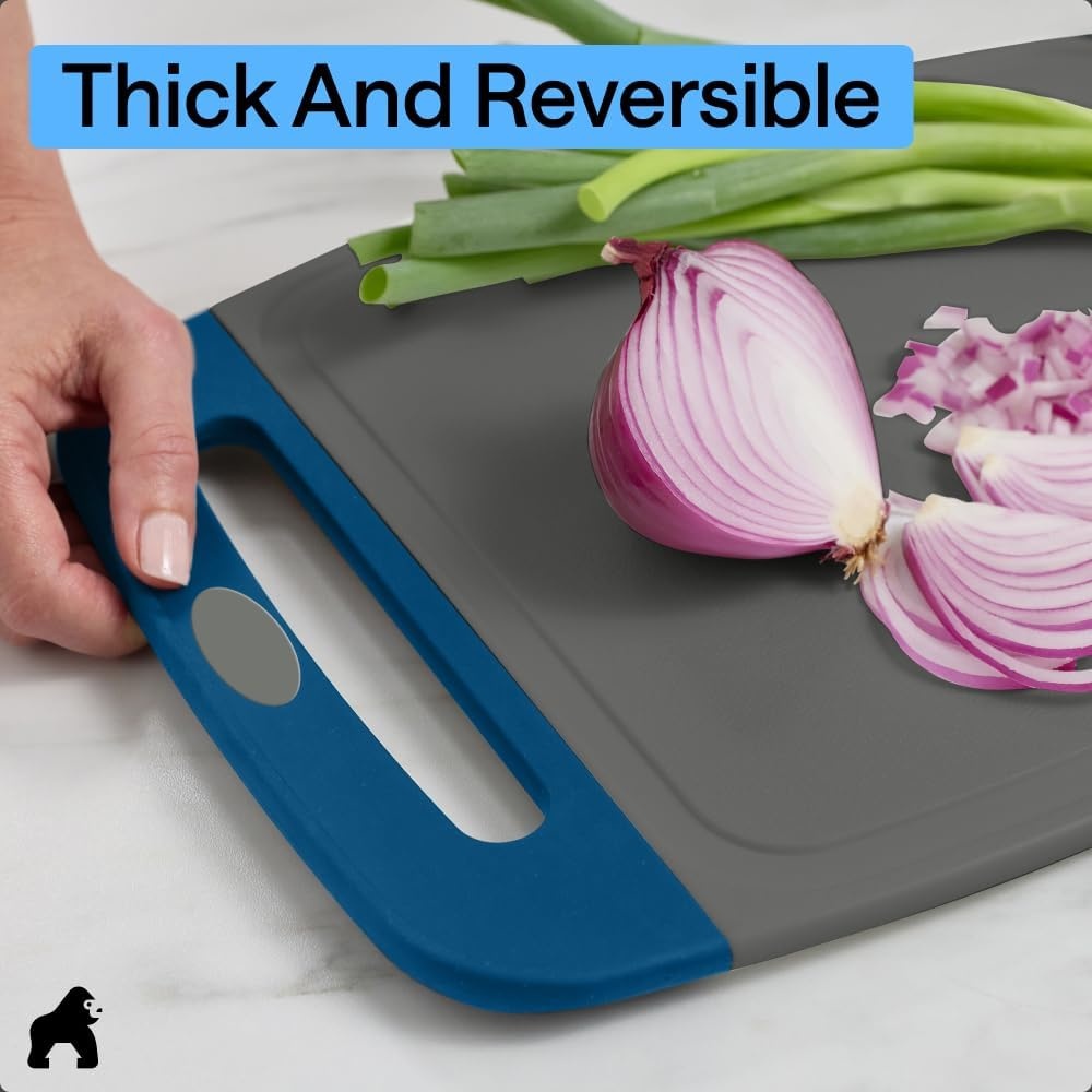 image:imageGORILLA GRIP BPAFree Reversible Kitchen Cutting Board Set of 3 US Designed Nonporous Juice Grooves Catch Liquid Slip Resistant Border Dishwasher Safe Durable Large Food Chopping Boards BlackGrayBlue