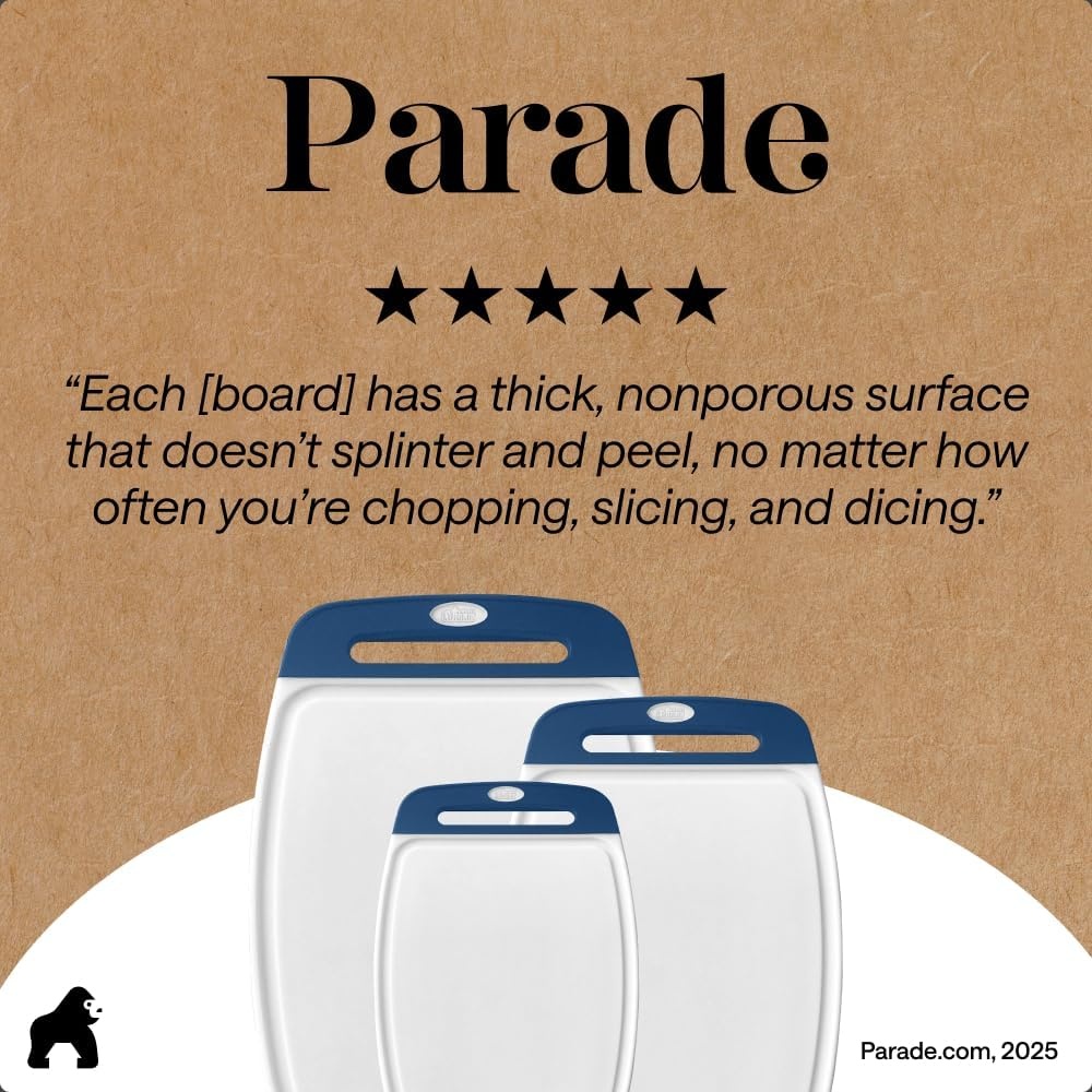 image:imageGORILLA GRIP BPAFree Reversible Kitchen Cutting Board Set of 3 US Designed Nonporous Juice Grooves Catch Liquid Slip Resistant Border Dishwasher Safe Durable Large Food Chopping Boards BlackBlueWhite