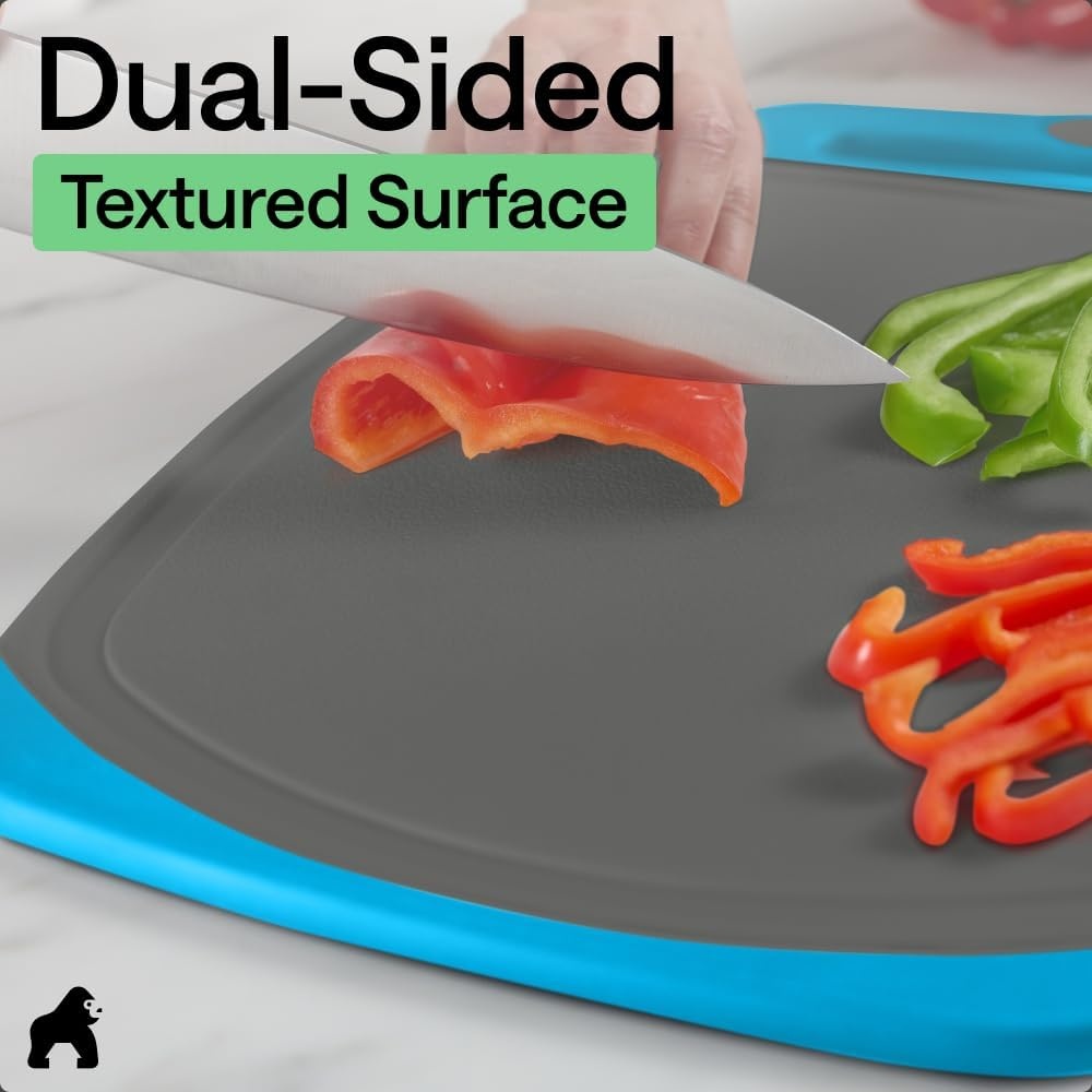 image:imageGORILLA GRIP BPAFree Reversible Kitchen Cutting Board Set of 3 US Designed Nonporous Juice Grooves Catch Liquid Slip Resistant Border Dishwasher Safe Durable Large Food Chopping Boards BlackGrayAqua