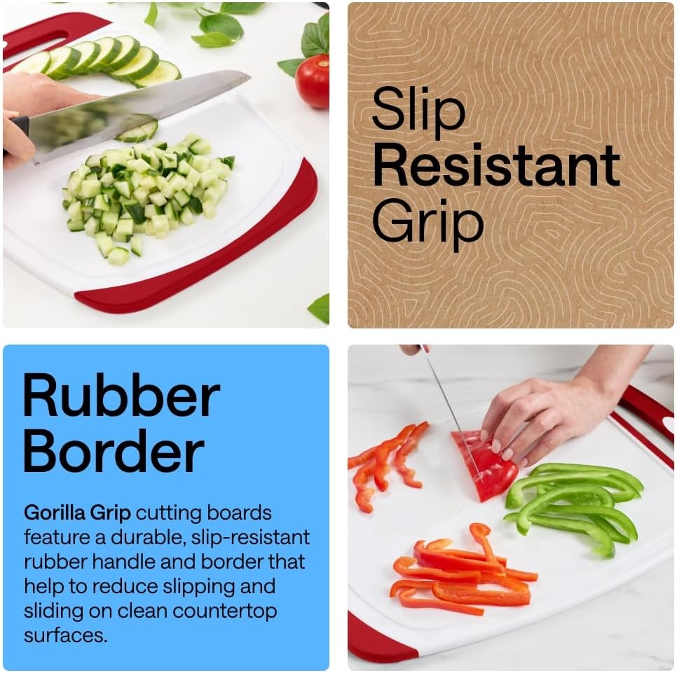 image:imageGORILLA GRIP BPAFree Reversible Kitchen Cutting Board Set of 3 US Designed Nonporous Juice Grooves Catch Liquid Slip Resistant Border Dishwasher Safe Durable Large Food Chopping Boards BlackRedWhite