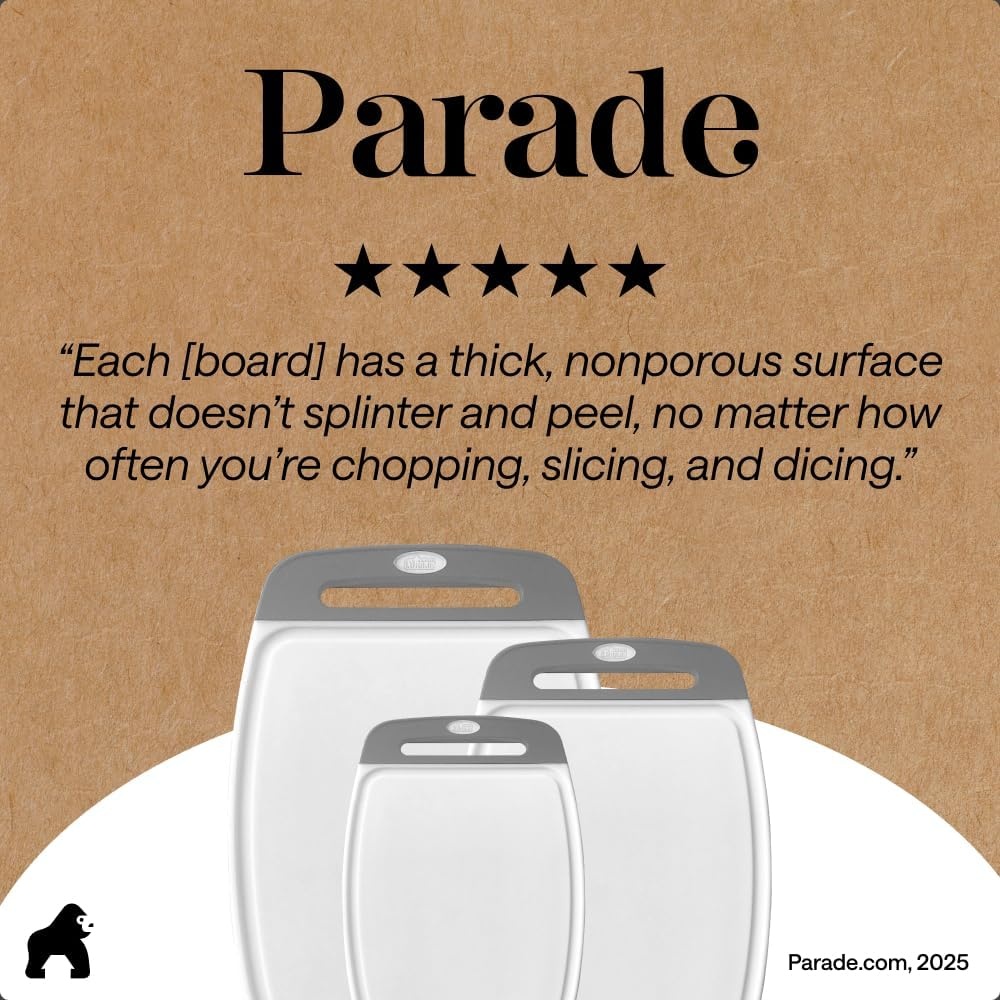 image:imageGORILLA GRIP BPAFree Reversible Kitchen Cutting Board Set of 3 US Designed Nonporous Juice Grooves Catch Liquid Slip Resistant Border Dishwasher Safe Durable Large Food Chopping Boards BlackGrayWhite