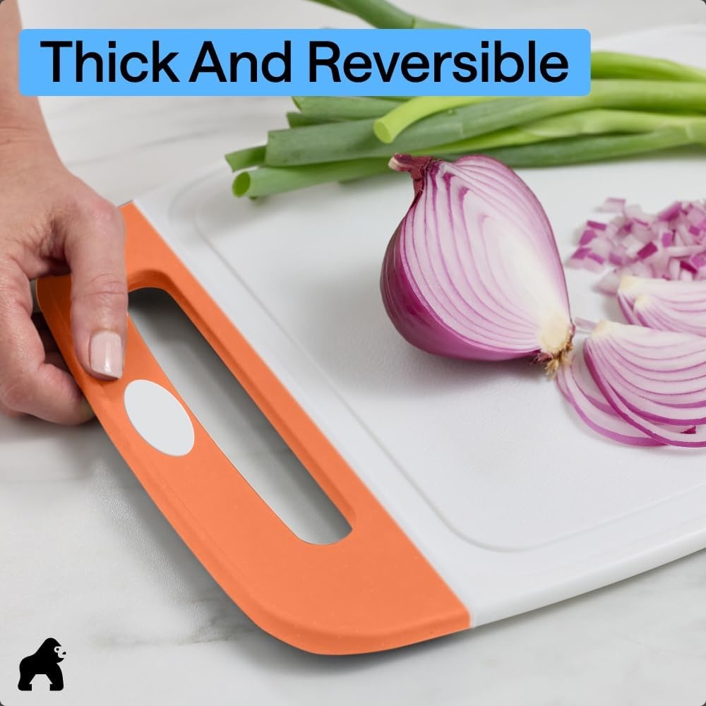 image:imageGORILLA GRIP BPAFree Reversible Kitchen Cutting Board Set of 3 US Designed Nonporous Juice Grooves Catch Liquid Slip Resistant Border Dishwasher Safe Durable Large Food Chopping Boards BlackLimeOrangeLemon