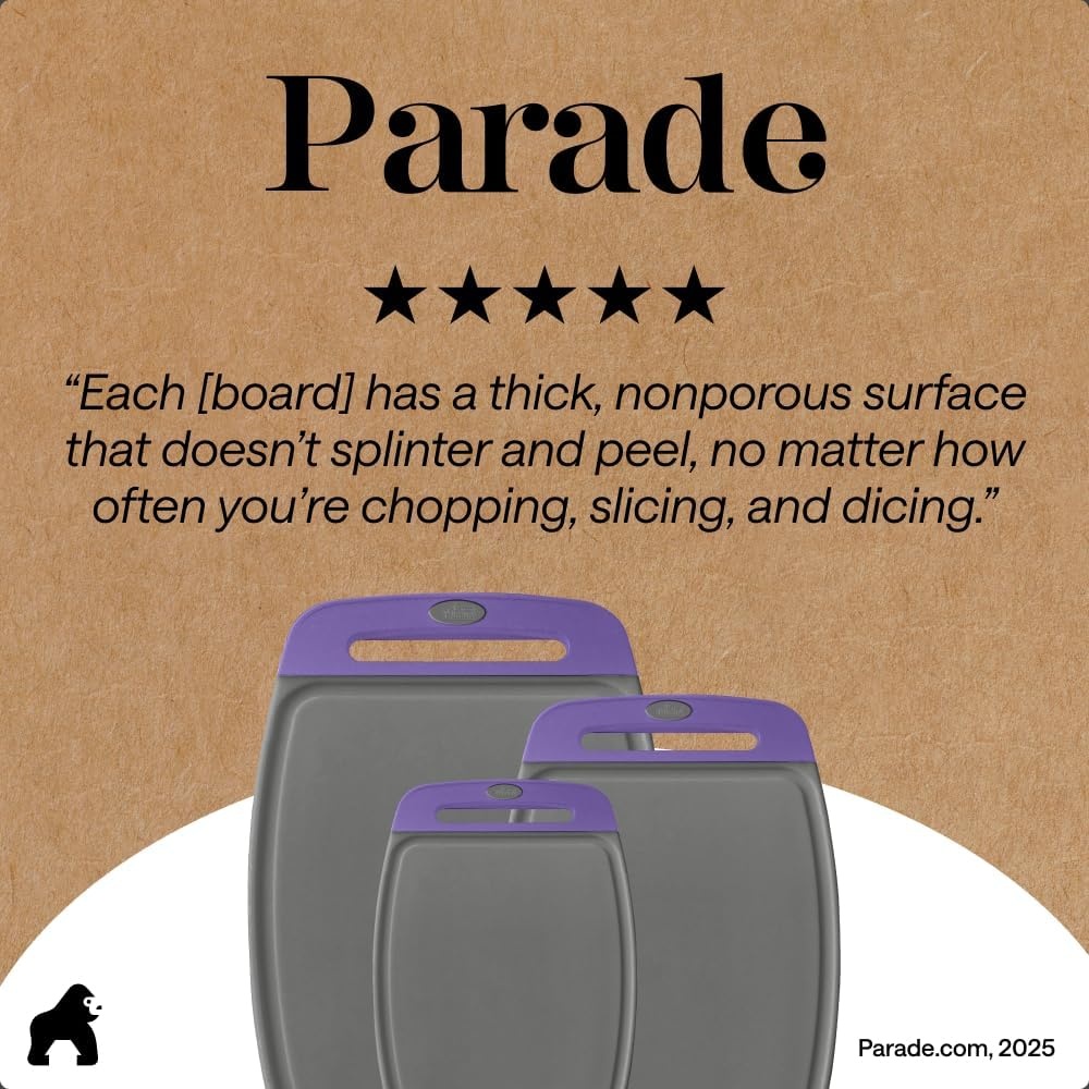 image:imageGORILLA GRIP BPAFree Reversible Kitchen Cutting Board Set of 3 US Designed Nonporous Juice Grooves Catch Liquid Slip Resistant Border Dishwasher Safe Durable Large Food Chopping Boards BlackGrayPurple
