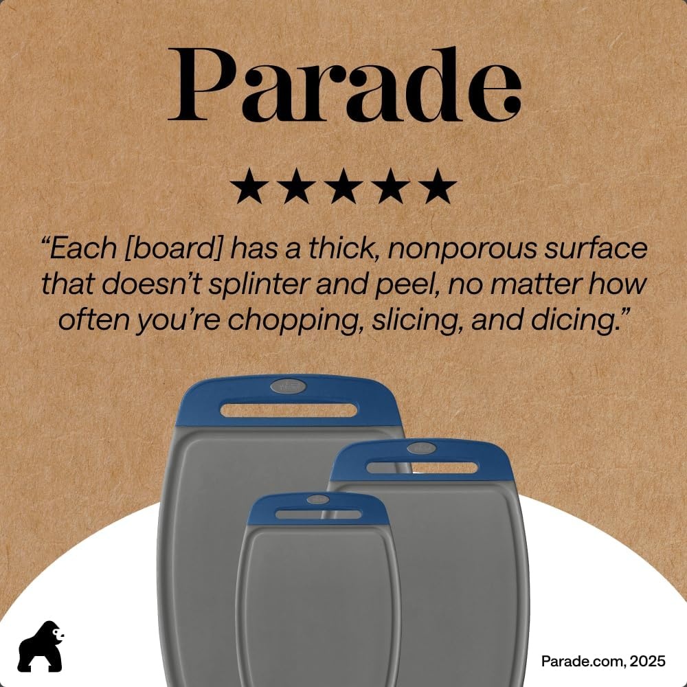 image:imageGORILLA GRIP BPAFree Reversible Kitchen Cutting Board Set of 3 US Designed Nonporous Juice Grooves Catch Liquid Slip Resistant Border Dishwasher Safe Durable Large Food Chopping Boards BlackGrayBlue