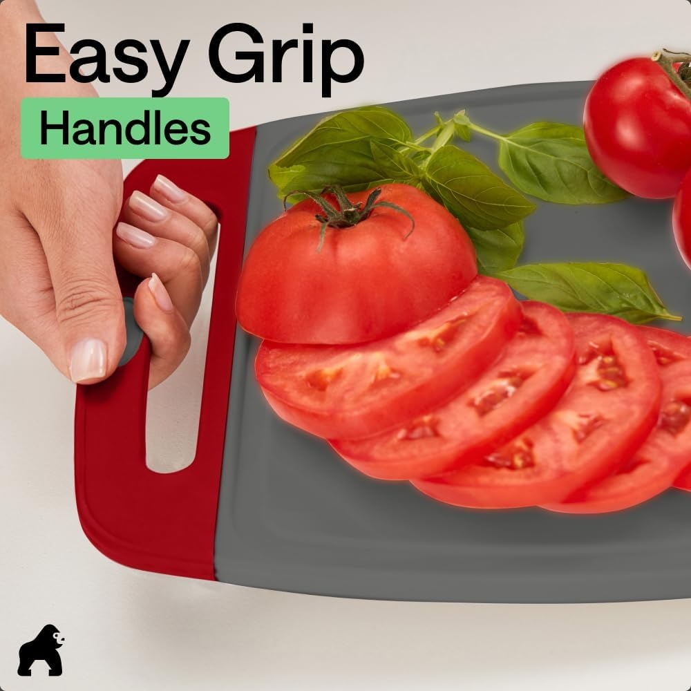 image:imageGORILLA GRIP BPAFree Reversible Kitchen Cutting Board Set of 3 US Designed Nonporous Juice Grooves Catch Liquid Slip Resistant Border Dishwasher Safe Durable Large Food Chopping Boards BlackGrayRed