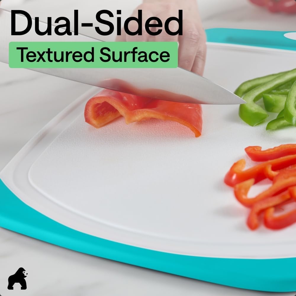 image:imageGORILLA GRIP BPAFree Reversible Kitchen Cutting Board Set of 3 US Designed Nonporous Juice Grooves Catch Liquid Slip Resistant Border Dishwasher Safe Durable Large Food Chopping Boards BlackTurquoiseWhite