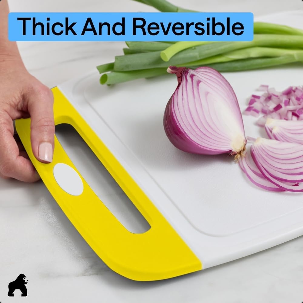 image:imageGORILLA GRIP BPAFree Reversible Kitchen Cutting Board Set of 3 US Designed Nonporous Juice Grooves Catch Liquid Slip Resistant Border Dishwasher Safe Durable Large Food Chopping Boards BlackLemonWhite