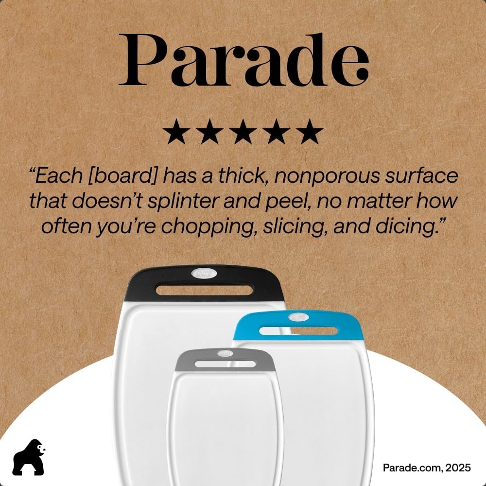 image:imageGORILLA GRIP BPAFree Reversible Kitchen Cutting Board Set of 3 US Designed Nonporous Juice Grooves Catch Liquid Slip Resistant Border Dishwasher Safe Durable Large Food Chopping Boards BlackGrayBlackAqua