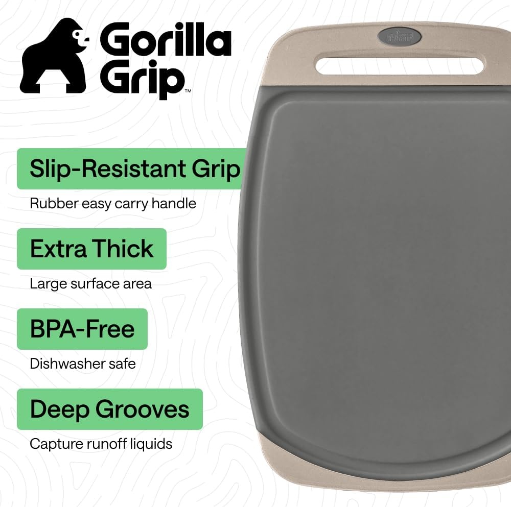 image:imageGORILLA GRIP BPAFree Reversible Kitchen Cutting Board Set of 3 US Designed Nonporous Juice Grooves Catch Liquid Slip Resistant Border Dishwasher Safe Durable Large Food Chopping Boards BlackGrayAlmond