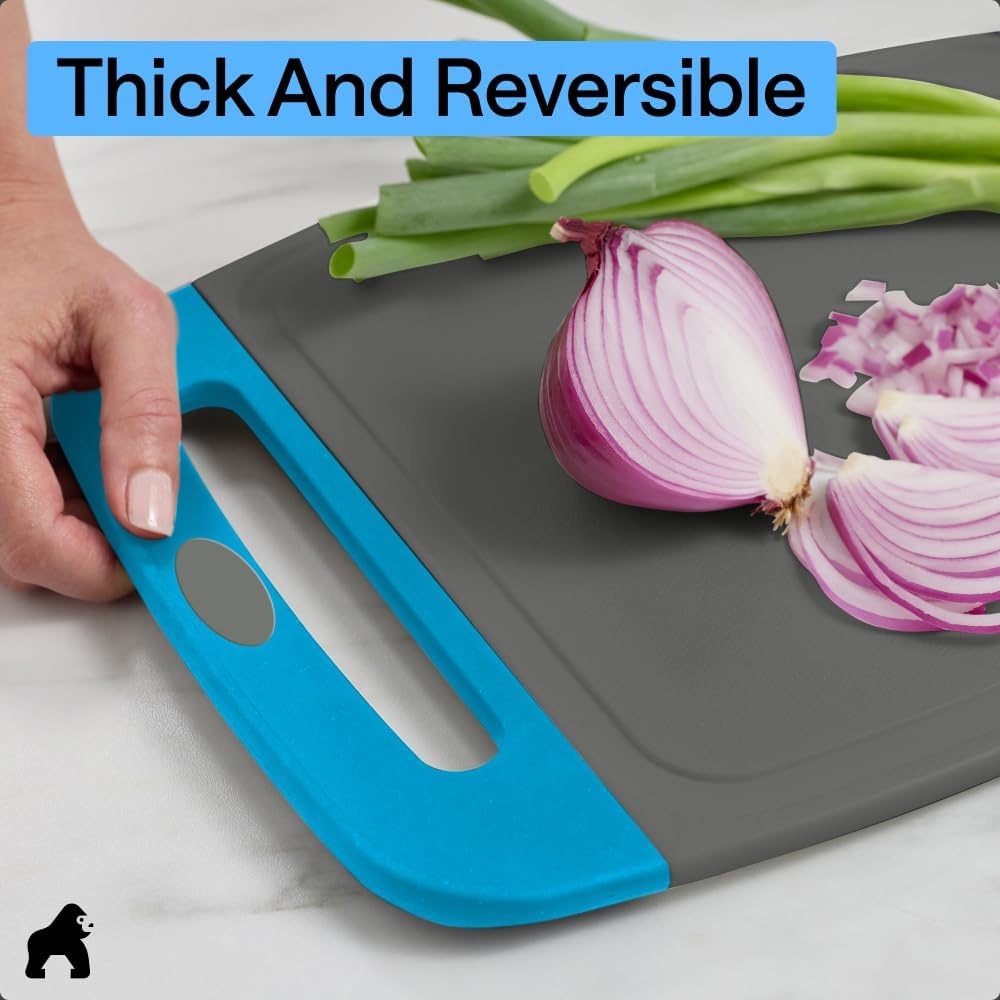 image:imageGORILLA GRIP BPAFree Reversible Kitchen Cutting Board Set of 3 US Designed Nonporous Juice Grooves Catch Liquid Slip Resistant Border Dishwasher Safe Durable Large Food Chopping Boards BlackGrayAqua