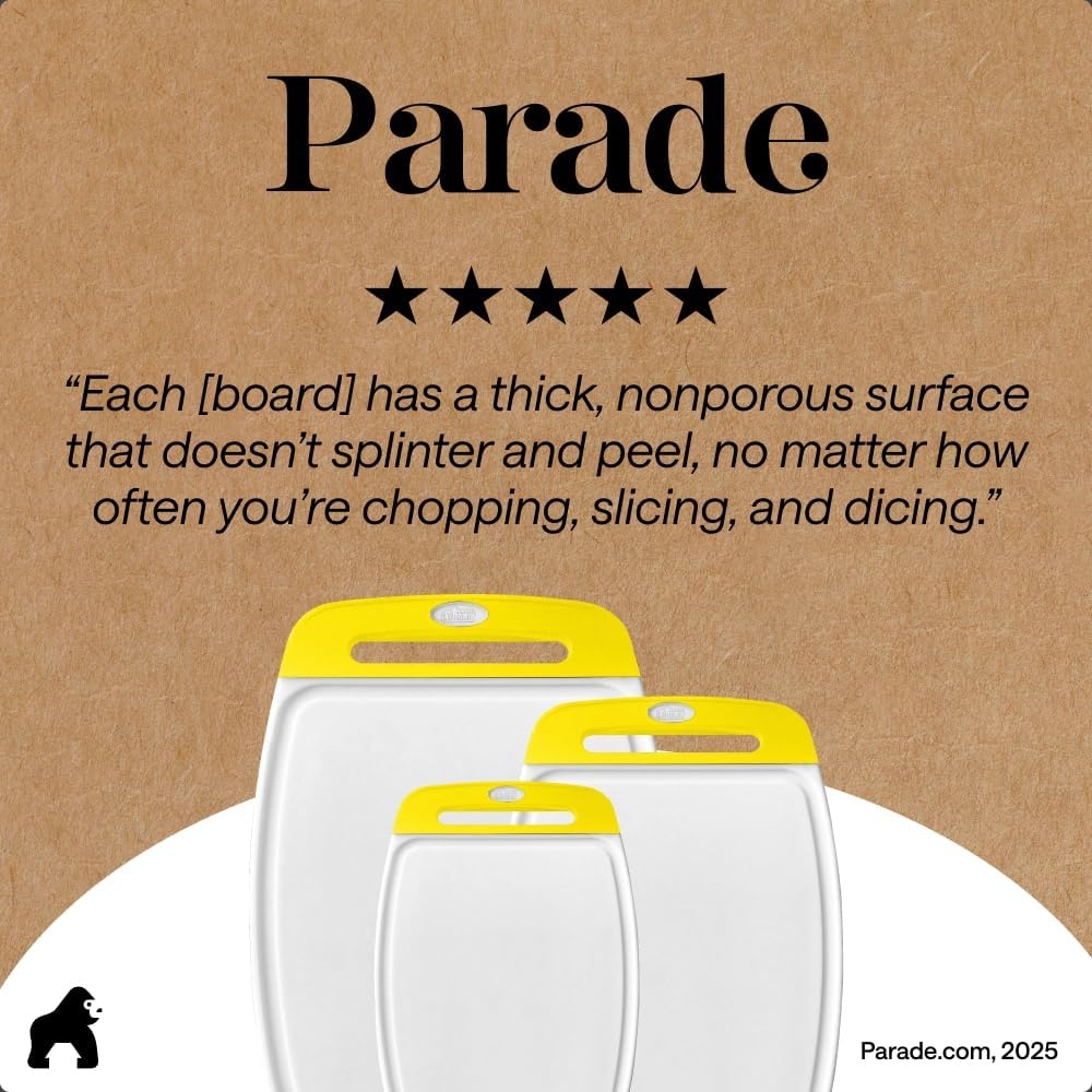 image:imageGORILLA GRIP BPAFree Reversible Kitchen Cutting Board Set of 3 US Designed Nonporous Juice Grooves Catch Liquid Slip Resistant Border Dishwasher Safe Durable Large Food Chopping Boards BlackLemonWhite