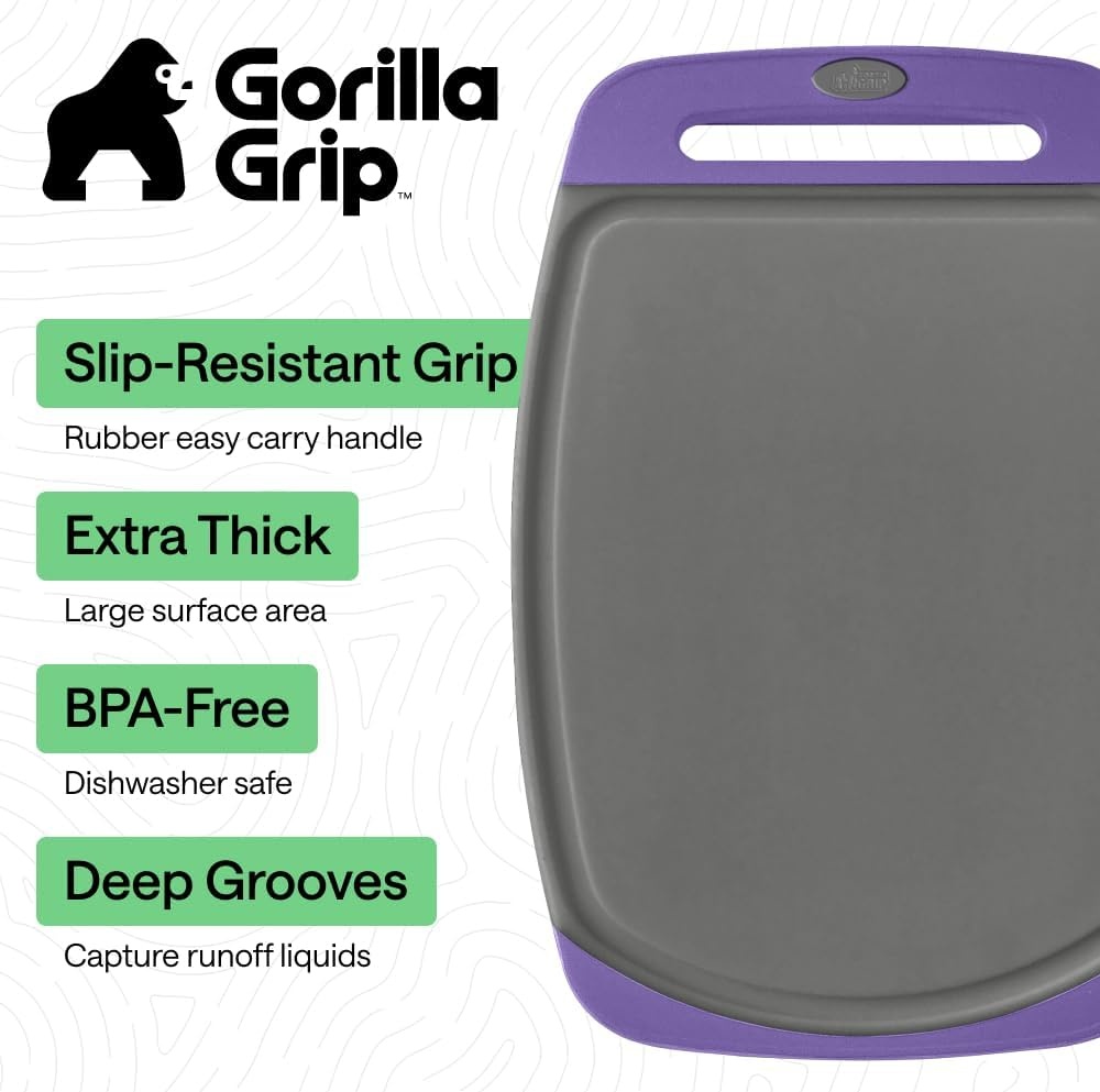 image:imageGORILLA GRIP BPAFree Reversible Kitchen Cutting Board Set of 3 US Designed Nonporous Juice Grooves Catch Liquid Slip Resistant Border Dishwasher Safe Durable Large Food Chopping Boards BlackGrayPurple