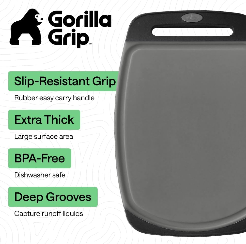 image:imageGORILLA GRIP BPAFree Reversible Kitchen Cutting Board Set of 3 US Designed Nonporous Juice Grooves Catch Liquid Slip Resistant Border Dishwasher Safe Durable Large Food Chopping Boards BlackGrayBlack
