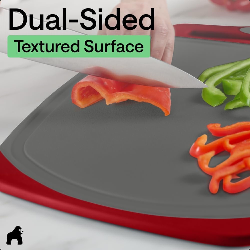 image:imageGORILLA GRIP BPAFree Reversible Kitchen Cutting Board Set of 3 US Designed Nonporous Juice Grooves Catch Liquid Slip Resistant Border Dishwasher Safe Durable Large Food Chopping Boards BlackGrayRed