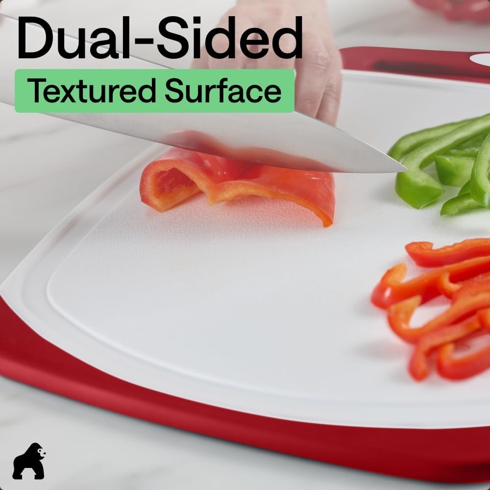 image:imageGORILLA GRIP BPAFree Reversible Kitchen Cutting Board Set of 3 US Designed Nonporous Juice Grooves Catch Liquid Slip Resistant Border Dishwasher Safe Durable Large Food Chopping Boards BlackRedWhite