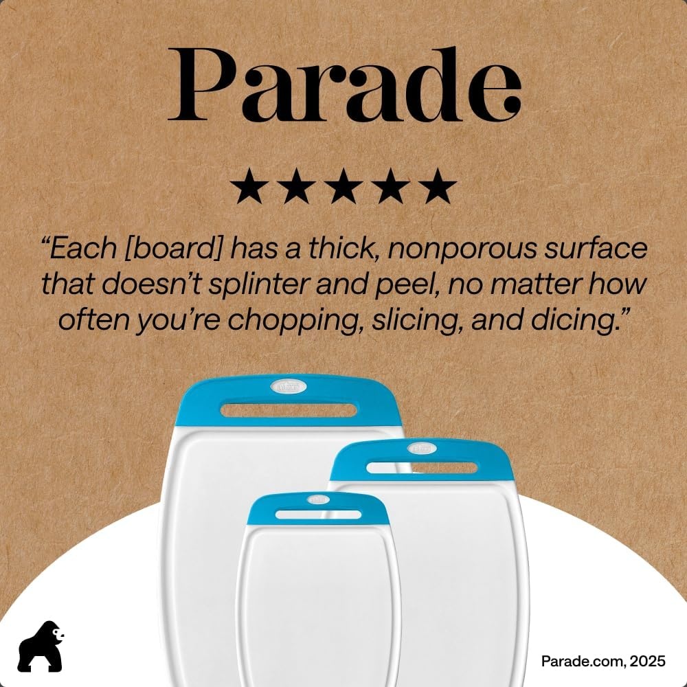 image:imageGORILLA GRIP BPAFree Reversible Kitchen Cutting Board Set of 3 US Designed Nonporous Juice Grooves Catch Liquid Slip Resistant Border Dishwasher Safe Durable Large Food Chopping Boards BlackAquaWhite