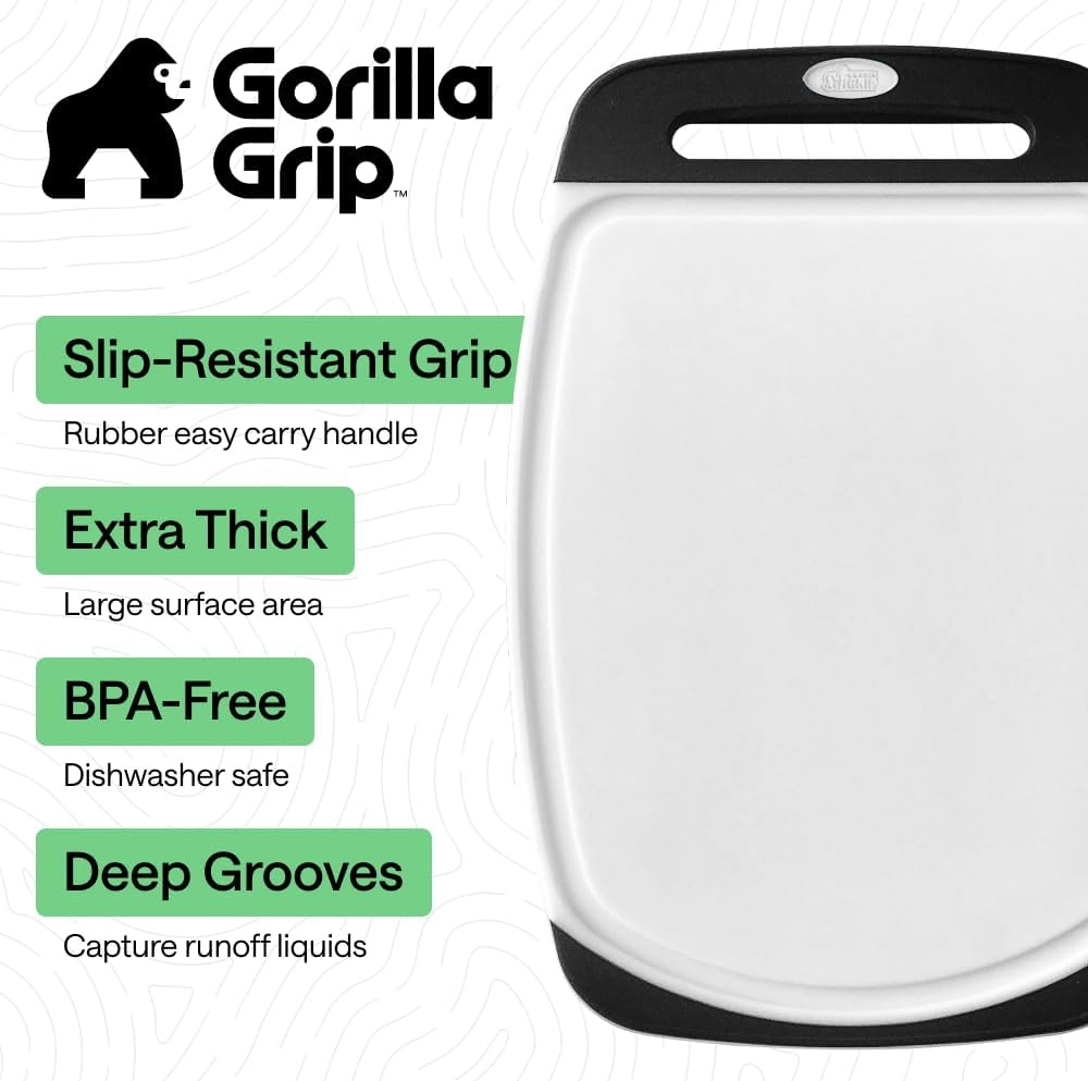image:imageGORILLA GRIP BPAFree Reversible Kitchen Cutting Board Set of 3 US Designed Nonporous Juice Grooves Catch Liquid Slip Resistant Border Dishwasher Safe Durable Large Food Chopping Boards BlackBlackWhite