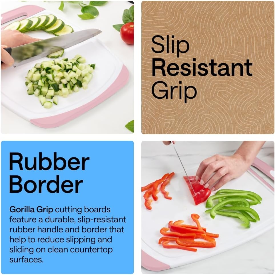 image:imageGORILLA GRIP BPAFree Reversible Kitchen Cutting Board Set of 3 US Designed Nonporous Juice Grooves Catch Liquid Slip Resistant Border Dishwasher Safe Durable Large Food Chopping Boards BlackPinkWhite