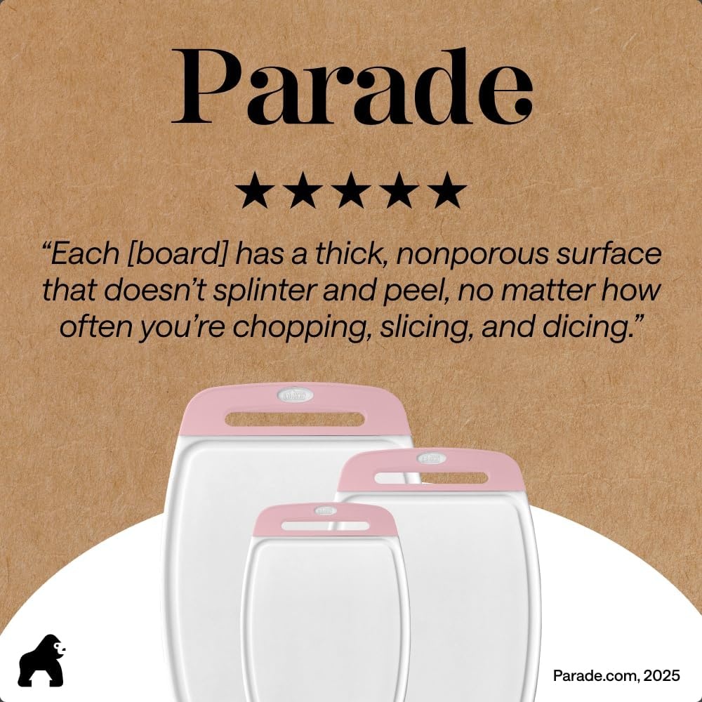 image:imageGORILLA GRIP BPAFree Reversible Kitchen Cutting Board Set of 3 US Designed Nonporous Juice Grooves Catch Liquid Slip Resistant Border Dishwasher Safe Durable Large Food Chopping Boards BlackPinkWhite