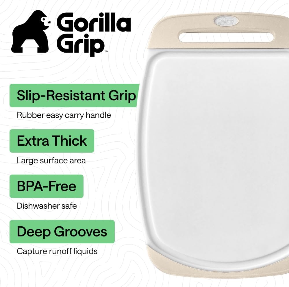 image:imageGORILLA GRIP BPAFree Reversible Kitchen Cutting Board Set of 3 US Designed Nonporous Juice Grooves Catch Liquid Slip Resistant Border Dishwasher Safe Durable Large Food Chopping Boards BlackAlmondWhite