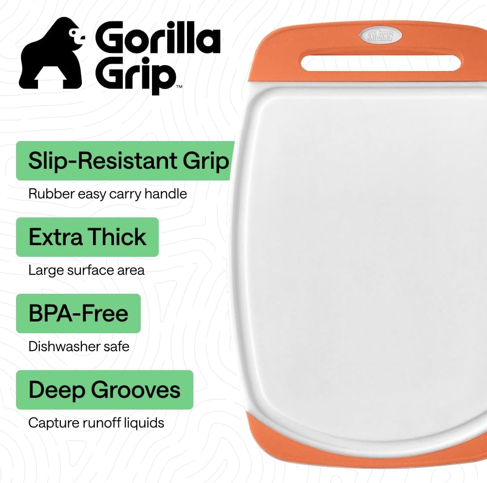 image:imageGORILLA GRIP BPAFree Reversible Kitchen Cutting Board Set of 3 US Designed Nonporous Juice Grooves Catch Liquid Slip Resistant Border Dishwasher Safe Durable Large Food Chopping Boards BlackLimeOrangeLemon