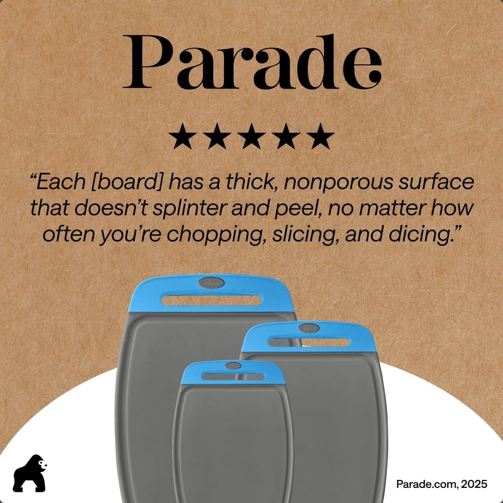 image:imageGORILLA GRIP BPAFree Reversible Kitchen Cutting Board Set of 3 US Designed Nonporous Juice Grooves Catch Liquid Slip Resistant Border Dishwasher Safe Durable Large Food Chopping Boards BlackGrayAqua