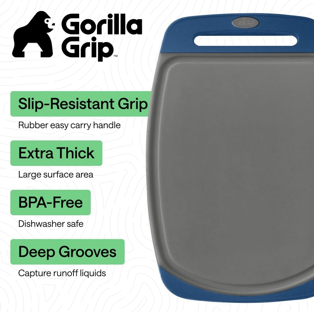 image:imageGORILLA GRIP BPAFree Reversible Kitchen Cutting Board Set of 3 US Designed Nonporous Juice Grooves Catch Liquid Slip Resistant Border Dishwasher Safe Durable Large Food Chopping Boards BlackGrayBlue