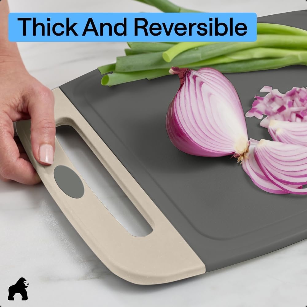 image:imageGORILLA GRIP BPAFree Reversible Kitchen Cutting Board Set of 3 US Designed Nonporous Juice Grooves Catch Liquid Slip Resistant Border Dishwasher Safe Durable Large Food Chopping Boards BlackGrayAlmond
