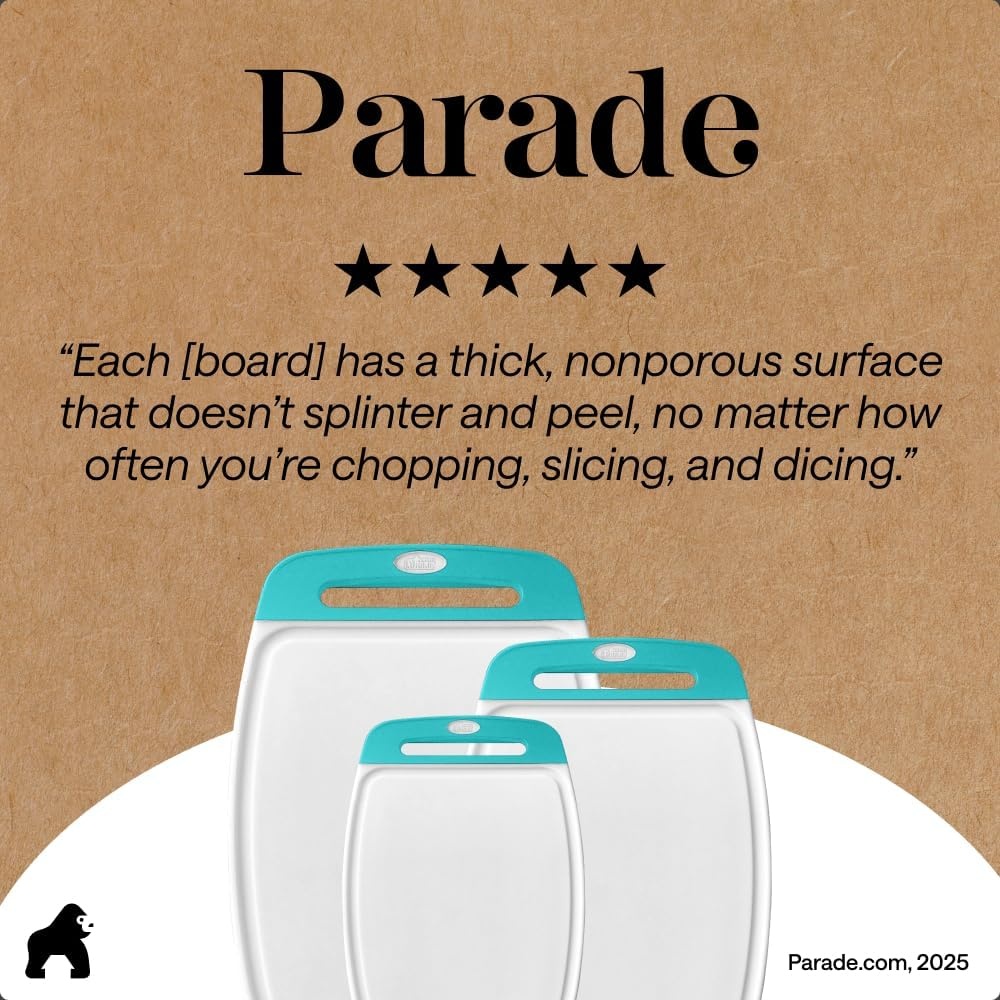 image:imageGORILLA GRIP BPAFree Reversible Kitchen Cutting Board Set of 3 US Designed Nonporous Juice Grooves Catch Liquid Slip Resistant Border Dishwasher Safe Durable Large Food Chopping Boards BlackTurquoiseWhite