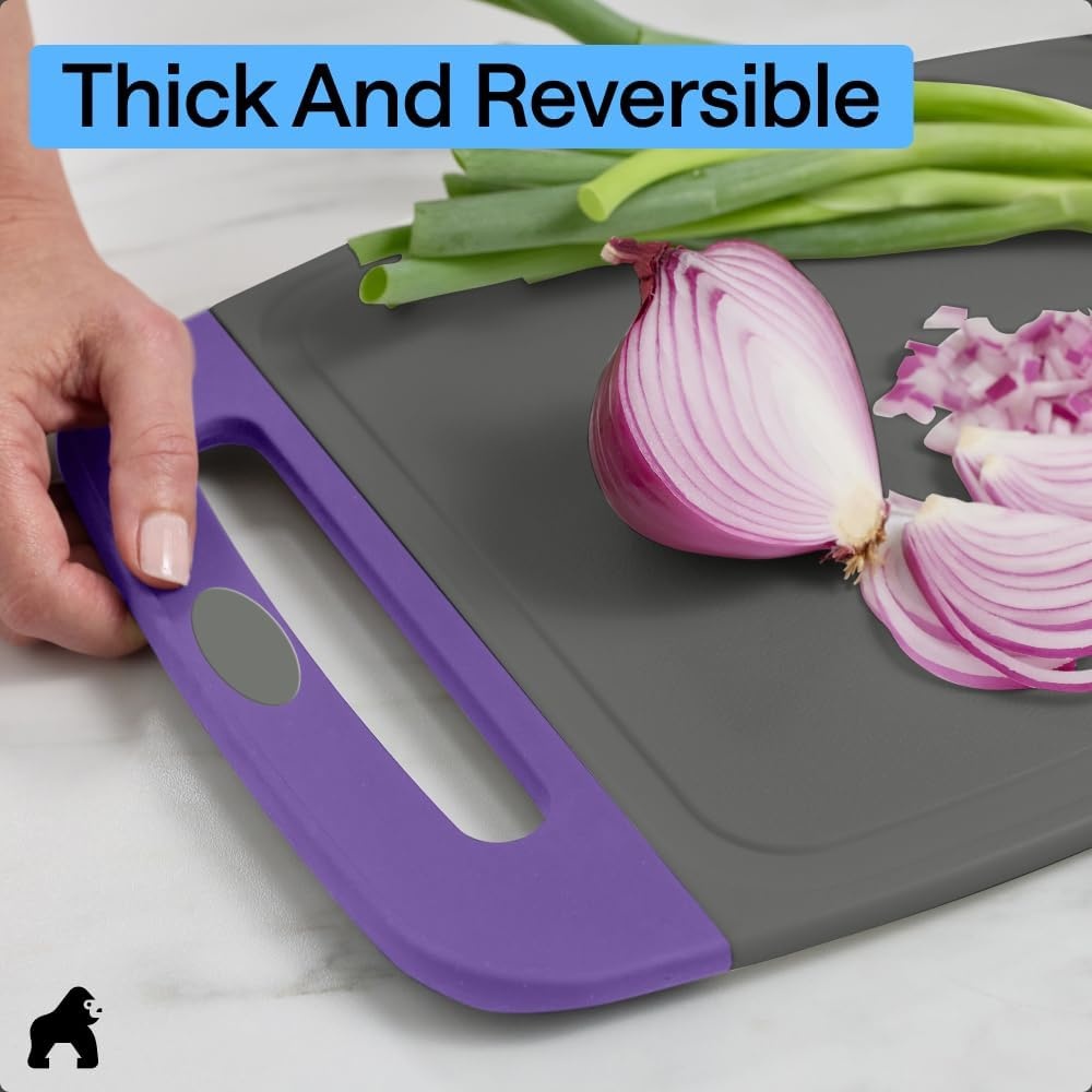 image:imageGORILLA GRIP BPAFree Reversible Kitchen Cutting Board Set of 3 US Designed Nonporous Juice Grooves Catch Liquid Slip Resistant Border Dishwasher Safe Durable Large Food Chopping Boards BlackGrayPurple