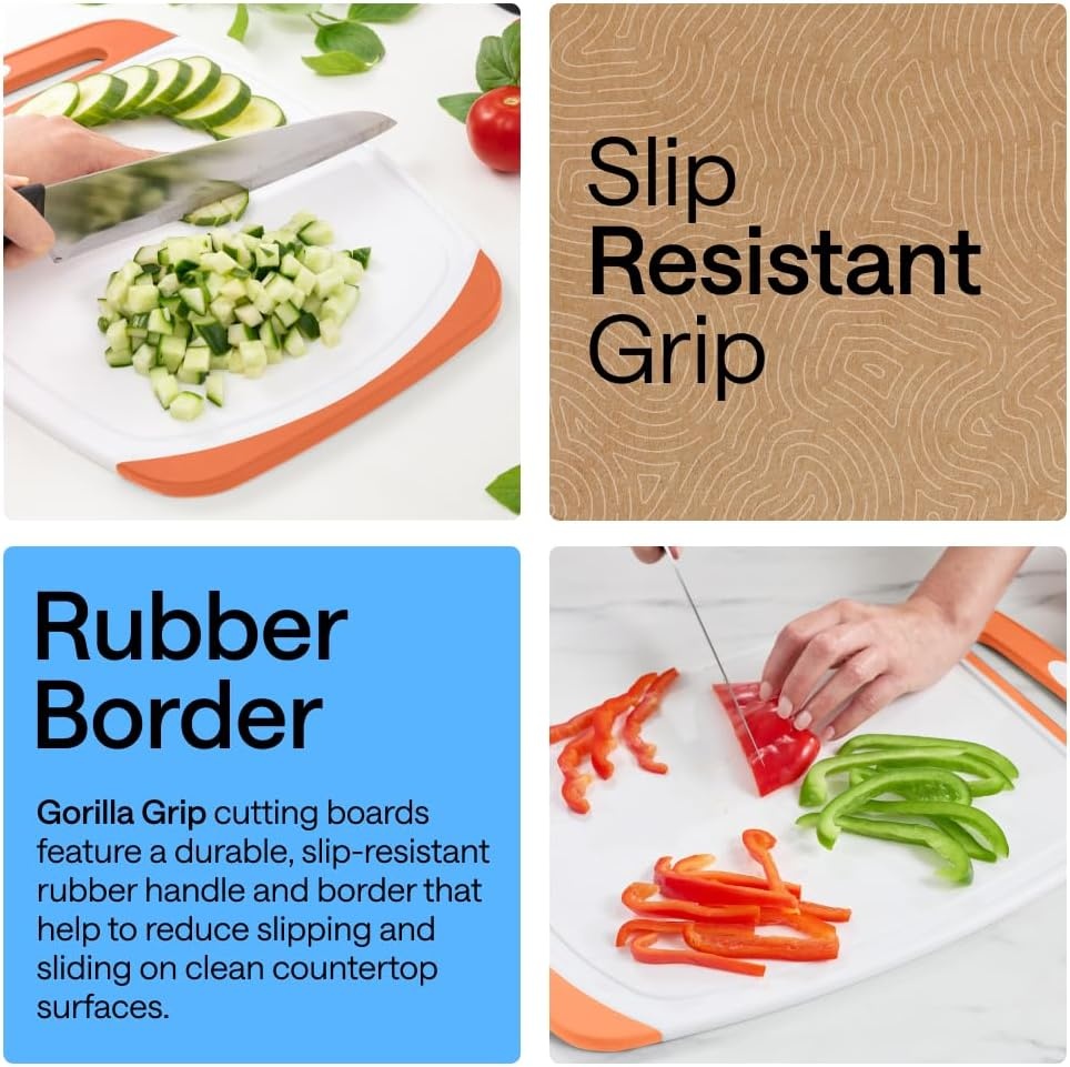 image:imageGORILLA GRIP BPAFree Reversible Kitchen Cutting Board Set of 3 US Designed Nonporous Juice Grooves Catch Liquid Slip Resistant Border Dishwasher Safe Durable Large Food Chopping Boards BlackLimeOrangeLemon