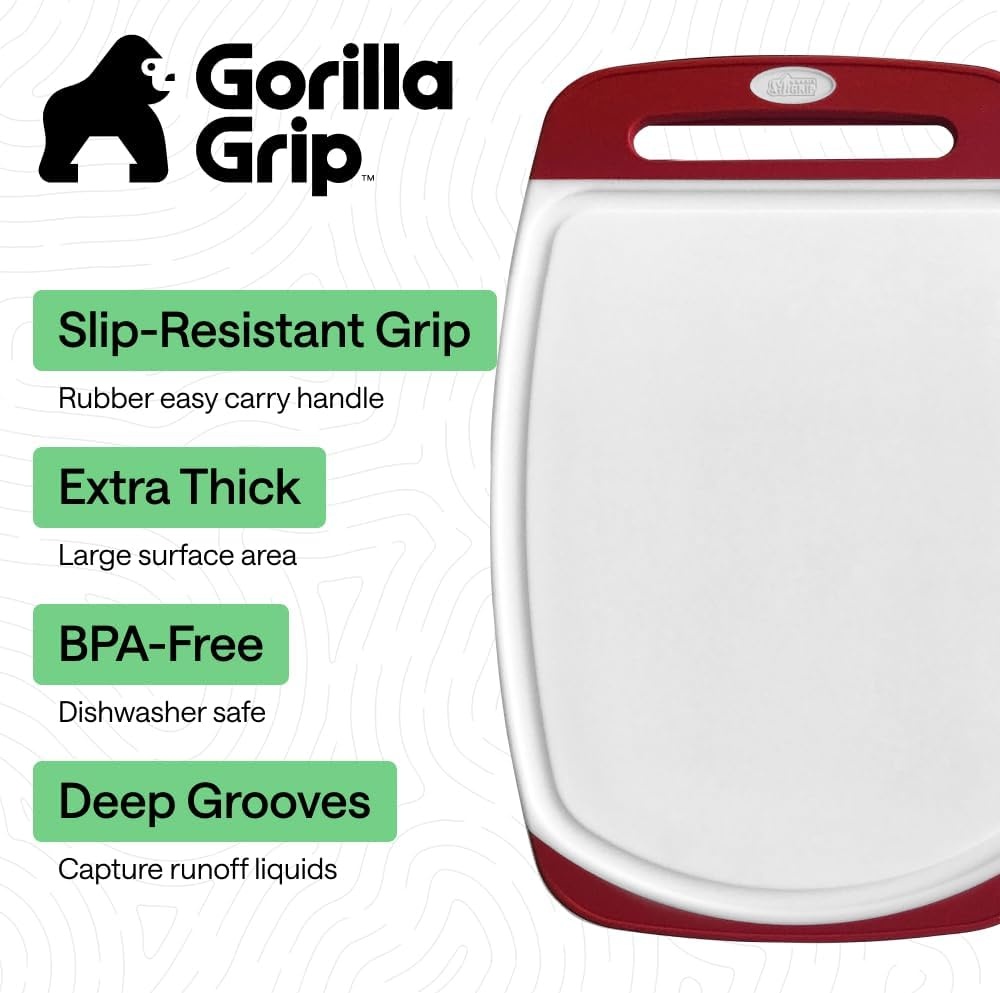 image:imageGORILLA GRIP BPAFree Reversible Kitchen Cutting Board Set of 3 US Designed Nonporous Juice Grooves Catch Liquid Slip Resistant Border Dishwasher Safe Durable Large Food Chopping Boards BlackRedWhite