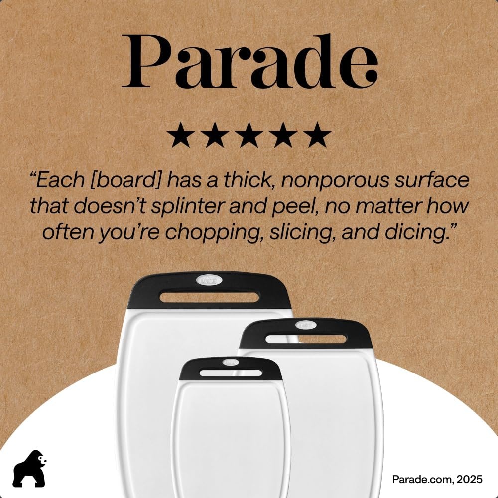 image:imageGORILLA GRIP BPAFree Reversible Kitchen Cutting Board Set of 3 US Designed Nonporous Juice Grooves Catch Liquid Slip Resistant Border Dishwasher Safe Durable Large Food Chopping Boards BlackBlackWhite